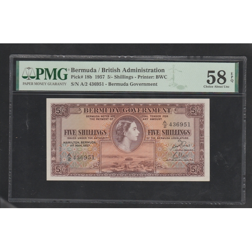 579 - Bermuda, British Administration, Pick# 18b 1957, 5/- Shillings Printer: BWC - S/N A/2 436951- Bermud... 