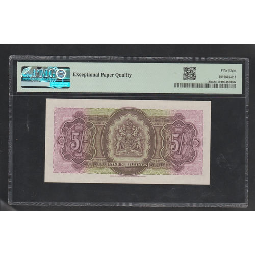 579 - Bermuda, British Administration, Pick# 18b 1957, 5/- Shillings Printer: BWC - S/N A/2 436951- Bermud... 