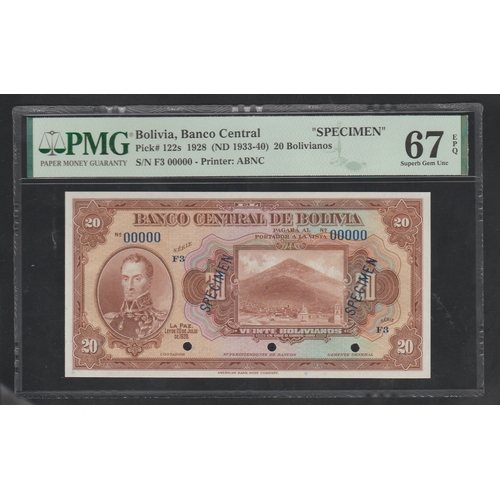 596 - Bolivia, Banco Central Pick# 122s 1928 (ND 1933-40) 20 Bolivianos S/N F3 00000 - Printer: ABNC 67 Su... 