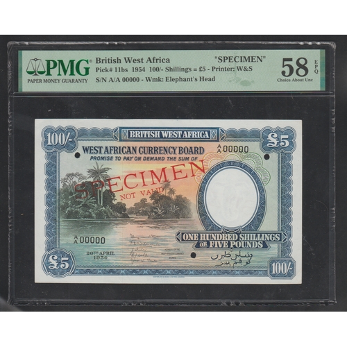 601 - British West Africa, Pick# 11bs 1954 100/- Shillngs = 5 Pounds - Printer:W & S S/N A/A 00000 - Wmk: ... 