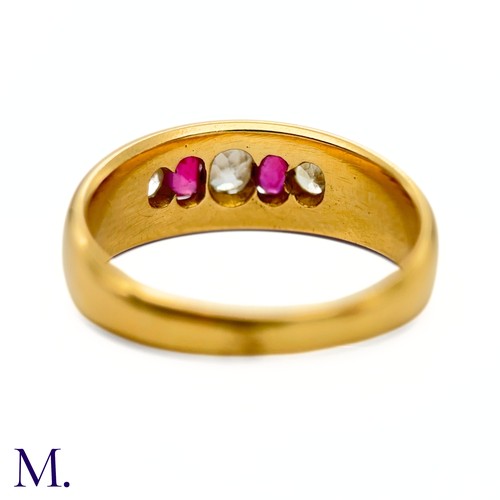 80 - A Ruby and Diamond Gypsy Ring

The 18ct yellow gold band is set with two bright rubies and three old... 