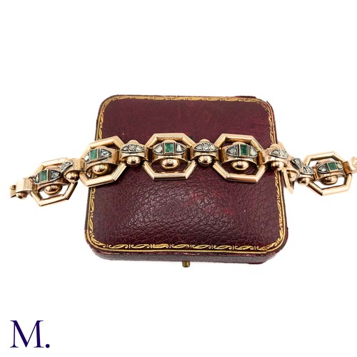 83 - An Antique Emerald and Diamond Bracelet.

The rose gold bracelet is set with six square/rectangular ... 