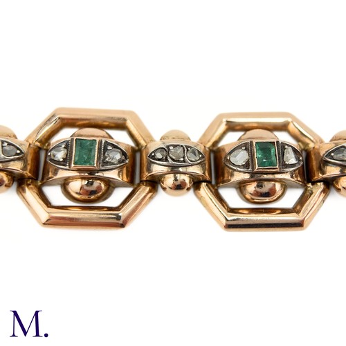 83 - An Antique Emerald and Diamond Bracelet.

The rose gold bracelet is set with six square/rectangular ... 