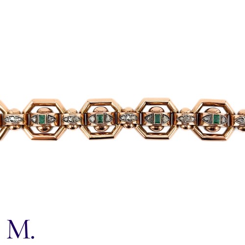 83 - An Antique Emerald and Diamond Bracelet.

The rose gold bracelet is set with six square/rectangular ... 