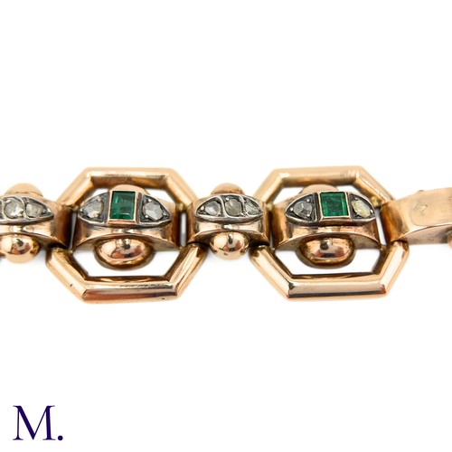 83 - An Antique Emerald and Diamond Bracelet.

The rose gold bracelet is set with six square/rectangular ... 