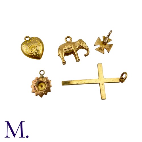 27 - Five 9ct Gold Charms

The lot includes various charms including a heart, a cross, an elephant and tw... 