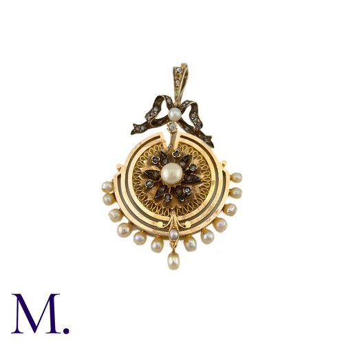 62 - A Diamond and Pearl Pendant

The gold pendant is set with several good sized pearls and small rose d... 