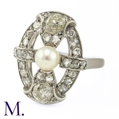 57 - An Art Deco Pearl and Diamond Ring

The 18ct white gold openwork ring is set with a pearl to the cen... 