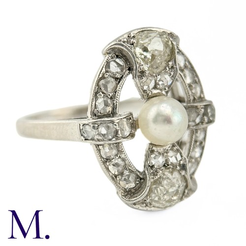 57 - An Art Deco Pearl and Diamond Ring

The 18ct white gold openwork ring is set with a pearl to the cen... 