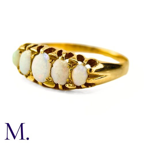 118 - An Antique 5-Stone Opal Ring

The 18ct yellow gold ring is set with five oval opals of good colour.
... 