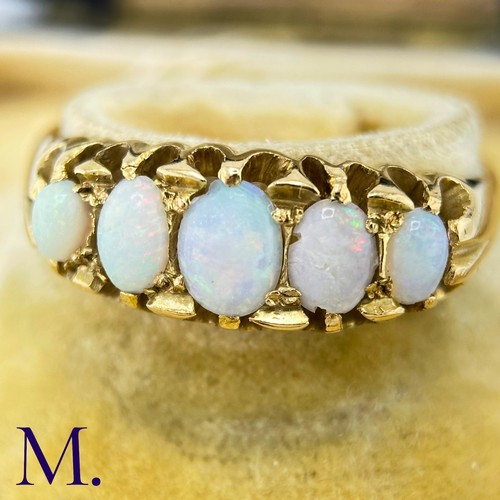 118 - An Antique 5-Stone Opal Ring

The 18ct yellow gold ring is set with five oval opals of good colour.
... 