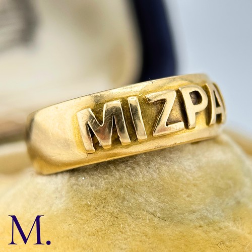 34 - An Antique Mizpah Ring

The 18ct yellow gold band has the word 'mizpah' embossed to the front.

Weig... 