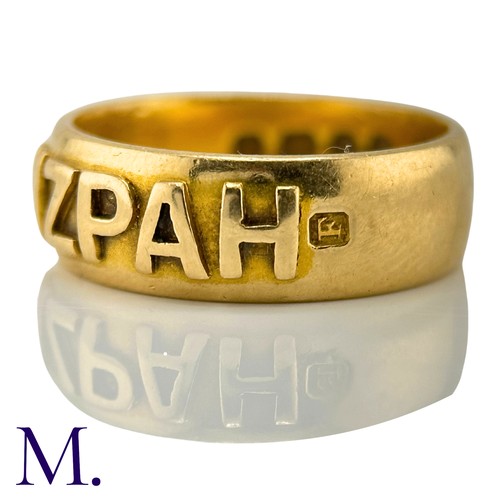 34 - An Antique Mizpah Ring

The 18ct yellow gold band has the word 'mizpah' embossed to the front.

Weig... 