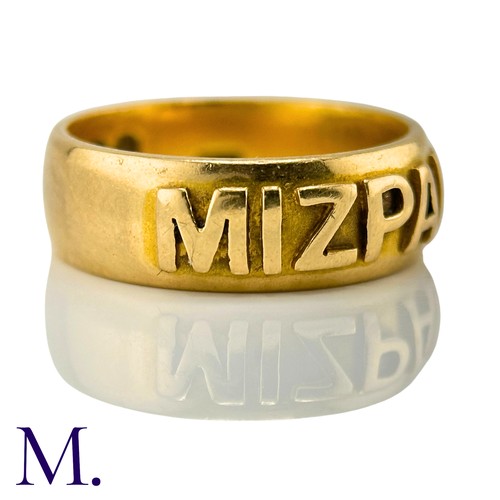 34 - An Antique Mizpah Ring

The 18ct yellow gold band has the word 'mizpah' embossed to the front.

Weig... 