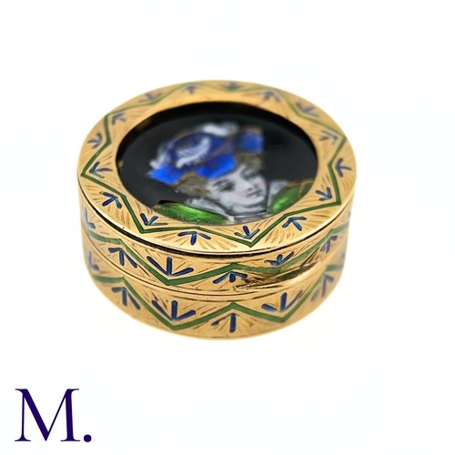 91 - An Antique Gold and Enamel Pill Box

The 18ct yellow gold pill box is decorated in enamel design wit... 