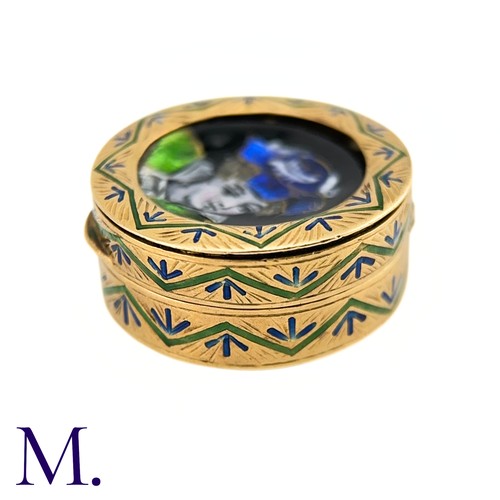 91 - An Antique Gold and Enamel Pill Box

The 18ct yellow gold pill box is decorated in enamel design wit... 