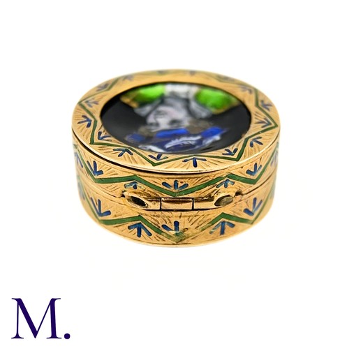 91 - An Antique Gold and Enamel Pill Box

The 18ct yellow gold pill box is decorated in enamel design wit... 