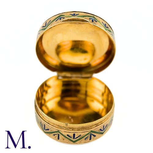 91 - An Antique Gold and Enamel Pill Box

The 18ct yellow gold pill box is decorated in enamel design wit... 