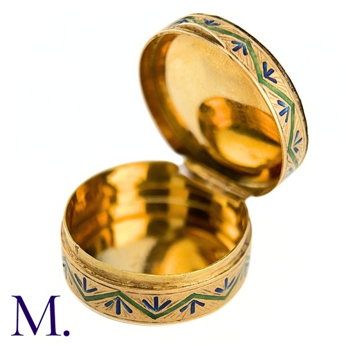 91 - An Antique Gold and Enamel Pill Box

The 18ct yellow gold pill box is decorated in enamel design wit... 