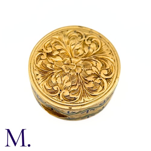 91 - An Antique Gold and Enamel Pill Box

The 18ct yellow gold pill box is decorated in enamel design wit... 