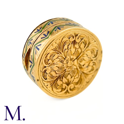 91 - An Antique Gold and Enamel Pill Box

The 18ct yellow gold pill box is decorated in enamel design wit... 