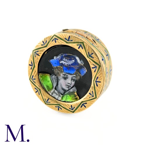 91 - An Antique Gold and Enamel Pill Box

The 18ct yellow gold pill box is decorated in enamel design wit... 