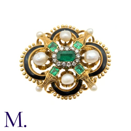 90 - An Antique Emerald, Enamel and Pearl Brooch

The large French brooch in 18ct yellow gold is set with... 