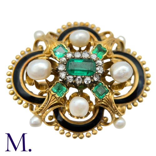 34 - An Antique Emerald, Enamel and Pearl Brooch

The large French brooch in 18ct yellow gold is set with... 