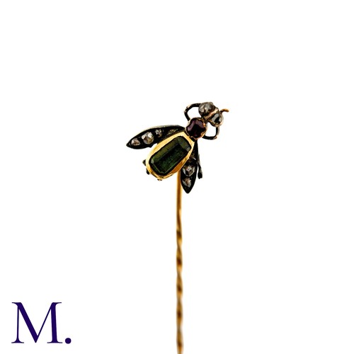 67 - A Gem-Set Insect Stick Pin, in yellow gold and silver, the terminal designed as an insect, the body ... 