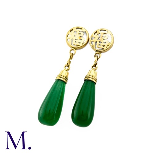 14 - A pair of Chrysoprase Earrings in yellow metal, each designed as a Chinese character suspending a po... 