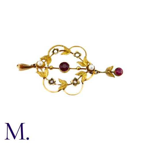 87 - An Antique Garnet And Pearl Pendant in 9k yellow gold, the central round cut garnet set to a bar wit... 