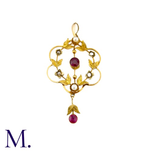 87 - An Antique Garnet And Pearl Pendant in 9k yellow gold, the central round cut garnet set to a bar wit... 