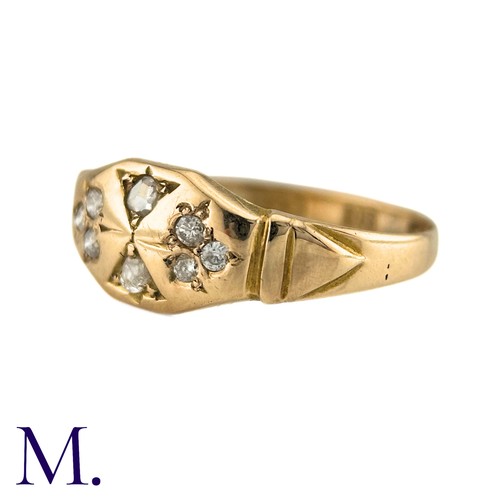 18 - An Antique Diamond Gypsy Ring in 15k yellow gold, set with round cut and rose cut diamonds. Partial ... 