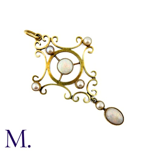 282 - A Pearl And Opal Pendant in 15k yellow gold, of scrolling design, the central opal accented by pearl... 