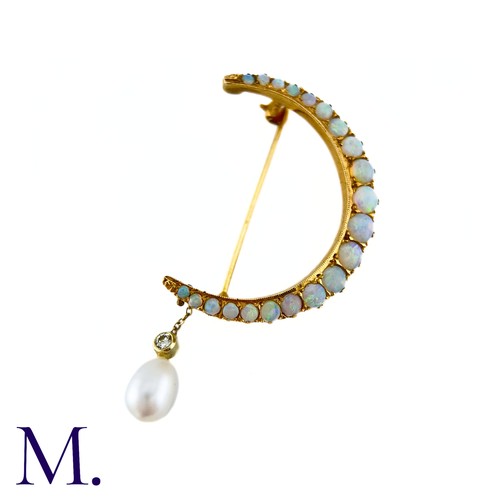 82 - An Opal, Diamond And Pearl Crescent Brooch in yellow gold, designed as a crescent moon set with cabo... 