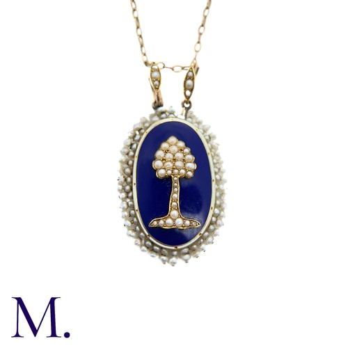 230 - An Antique Enamel and Pearl Pendant with Chain in yellow gold, the front with blue and white enamel,... 