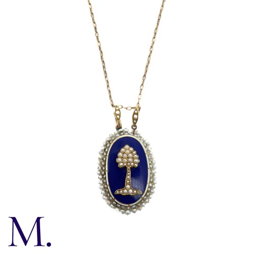 230 - An Antique Enamel and Pearl Pendant with Chain in yellow gold, the front with blue and white enamel,... 