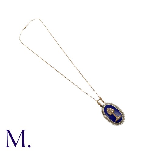 230 - An Antique Enamel and Pearl Pendant with Chain in yellow gold, the front with blue and white enamel,... 