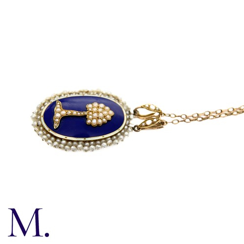230 - An Antique Enamel and Pearl Pendant with Chain in yellow gold, the front with blue and white enamel,... 