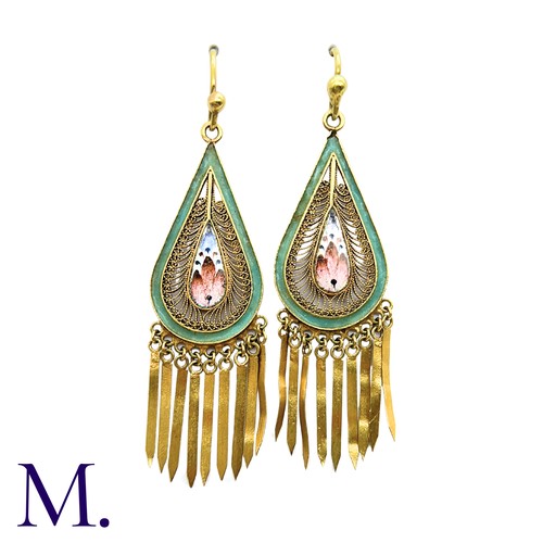 54 - A Pair Of Enamel Drop Earrings in yellow gold, the pear shaped drop with filigree and enamelled deta... 