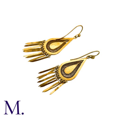 54 - A Pair Of Enamel Drop Earrings in yellow gold, the pear shaped drop with filigree and enamelled deta... 