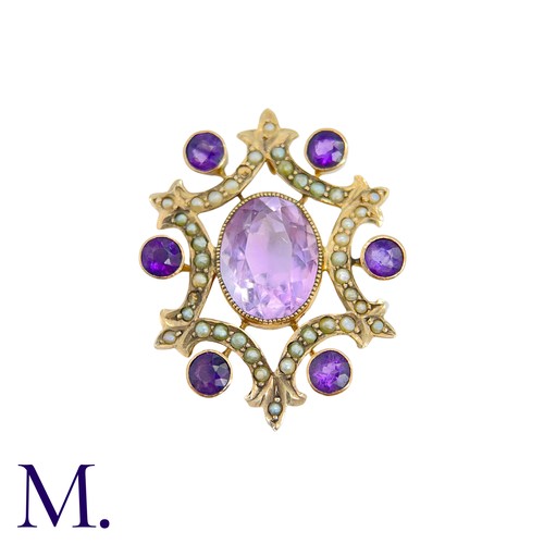 8 - An Amethyst And Pearl Pendant in yellow gold, the open work set with an oval shaped amethyst and pea... 