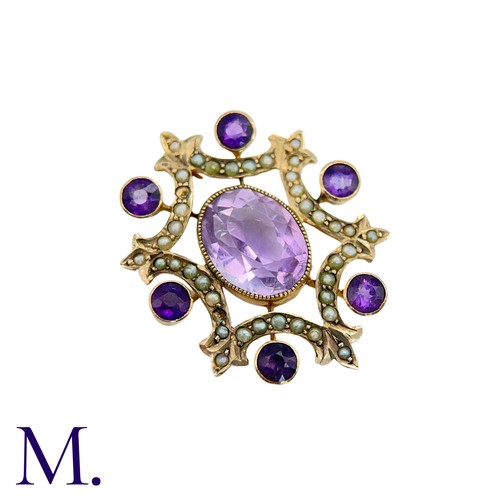 8 - An Amethyst And Pearl Pendant in yellow gold, the open work set with an oval shaped amethyst and pea... 