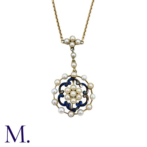 38 - An Enamel And Pearl Necklace in 15k yellow gold, comprising a cluster of pearls within a scalloped e... 