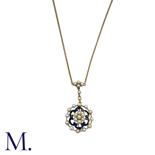 38 - An Enamel And Pearl Necklace in 15k yellow gold, comprising a cluster of pearls within a scalloped e... 