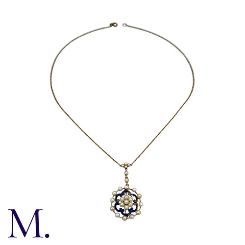 38 - An Enamel And Pearl Necklace in 15k yellow gold, comprising a cluster of pearls within a scalloped e... 