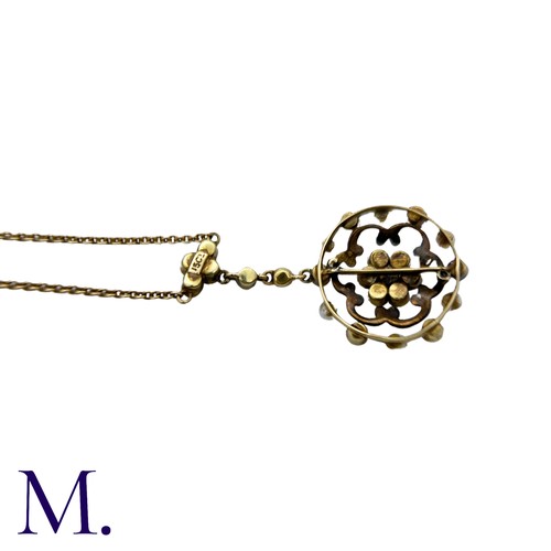 38 - An Enamel And Pearl Necklace in 15k yellow gold, comprising a cluster of pearls within a scalloped e... 