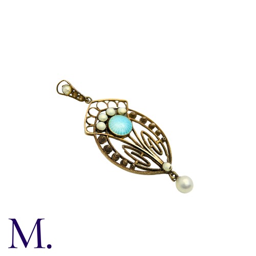 208 - An Arts and Crafts Pendant in silver, the openwork filigree design with light blue and white enamel ... 