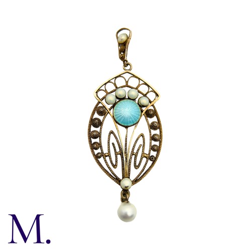 208 - An Arts and Crafts Pendant in silver, the openwork filigree design with light blue and white enamel ... 