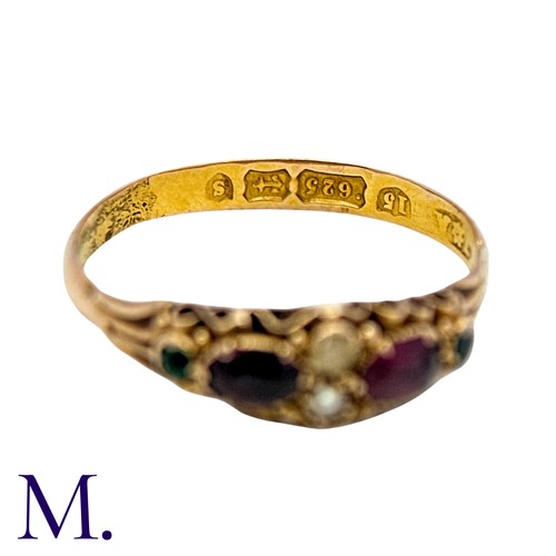 37 - An Antique Garnet, Emerald And Pearl Ring in 15k yellow gold, set with two oval cut garnets accented... 